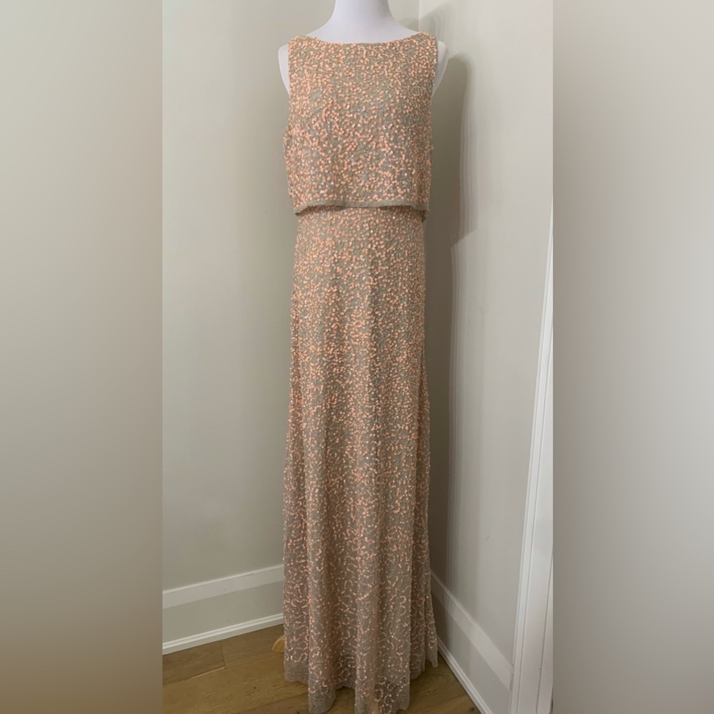New Adrianna Papell Beaded Lace Popover Gown Dress Sequins Coral Nude 10